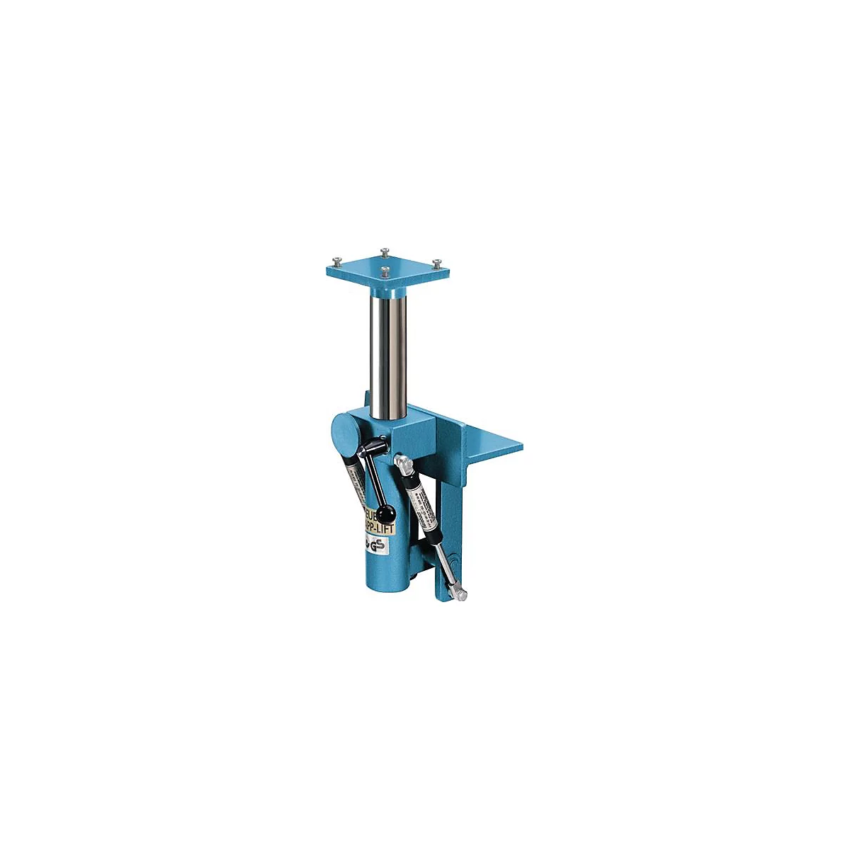 Blauwe industriële hefboomlift met zilveren kolom, zwarte hendel en opschrift.