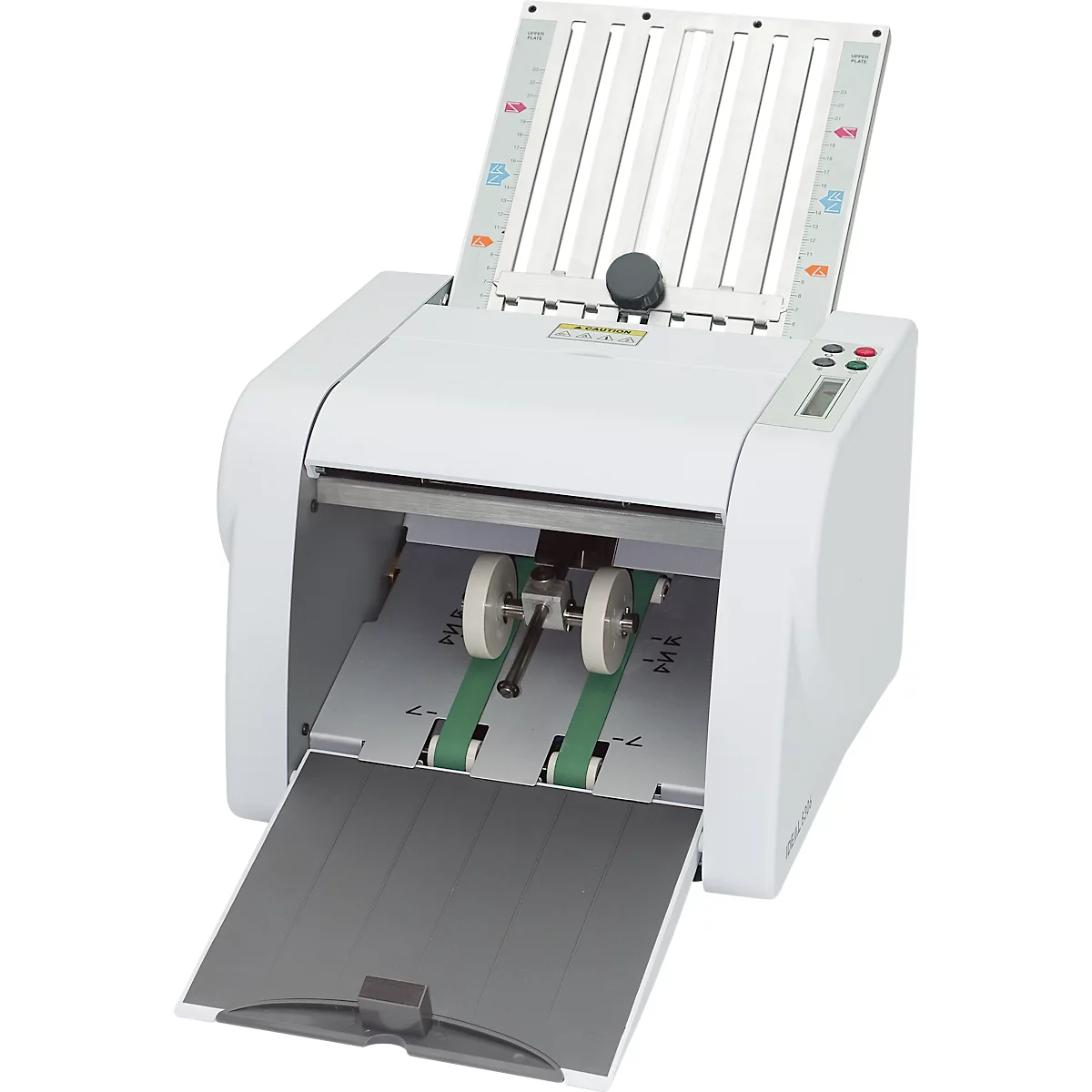 Witte papiervouwer met open lade, papiertoevoer en bedieningspaneel.
