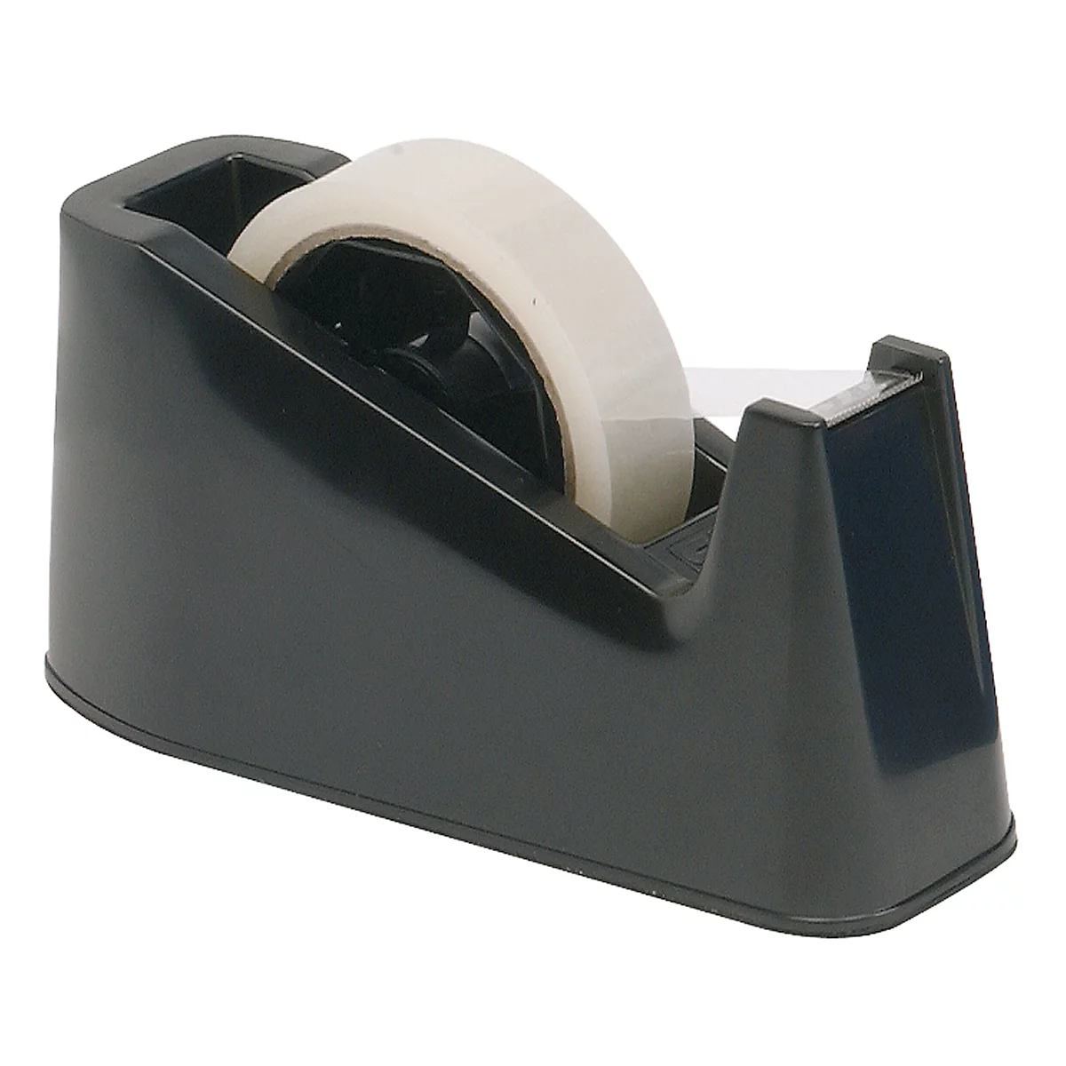 Zwarte tape dispenser met een rol doorzichtige tape.