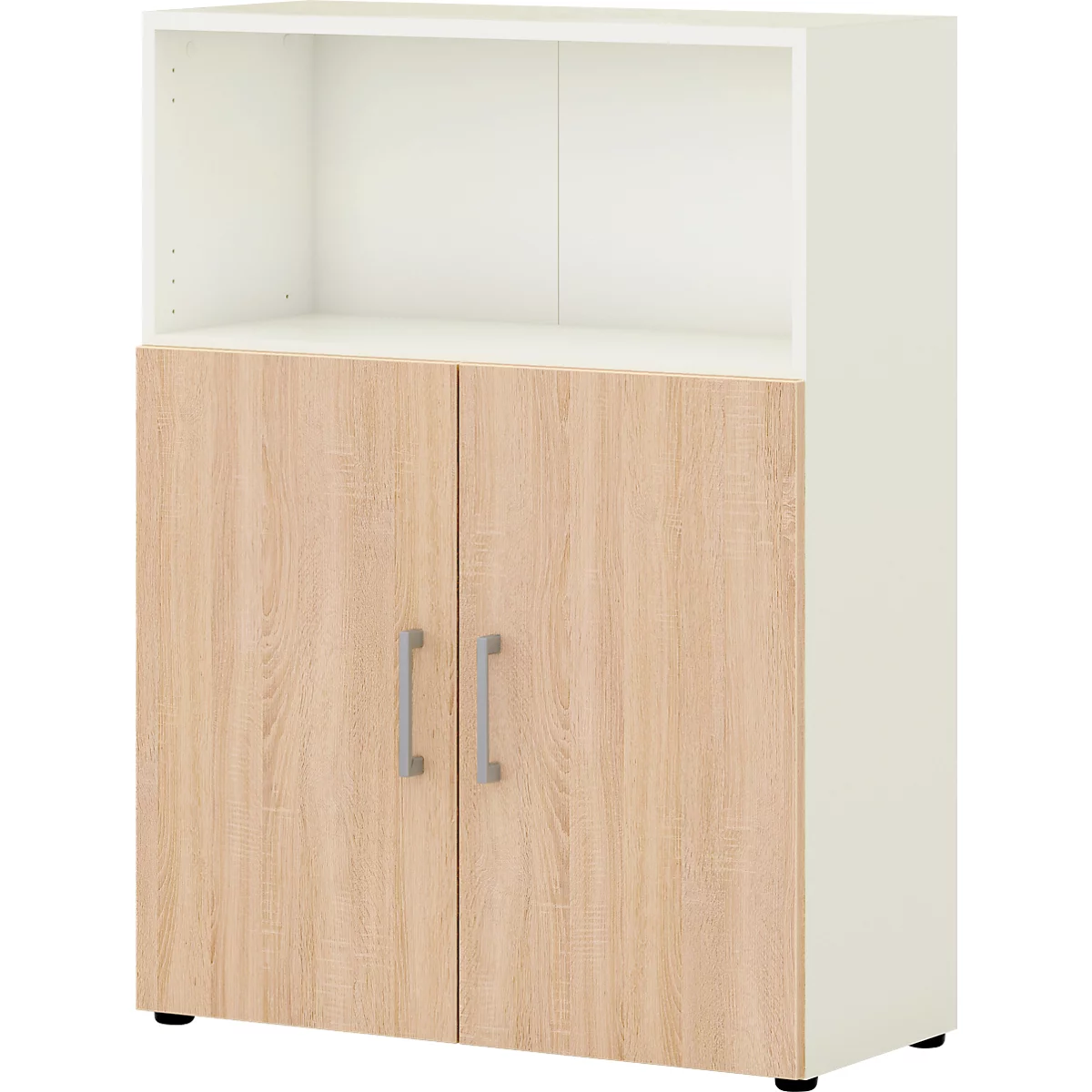 Kast met deuren en een plank. Bovenste helft wit, onderste helft houtlook.