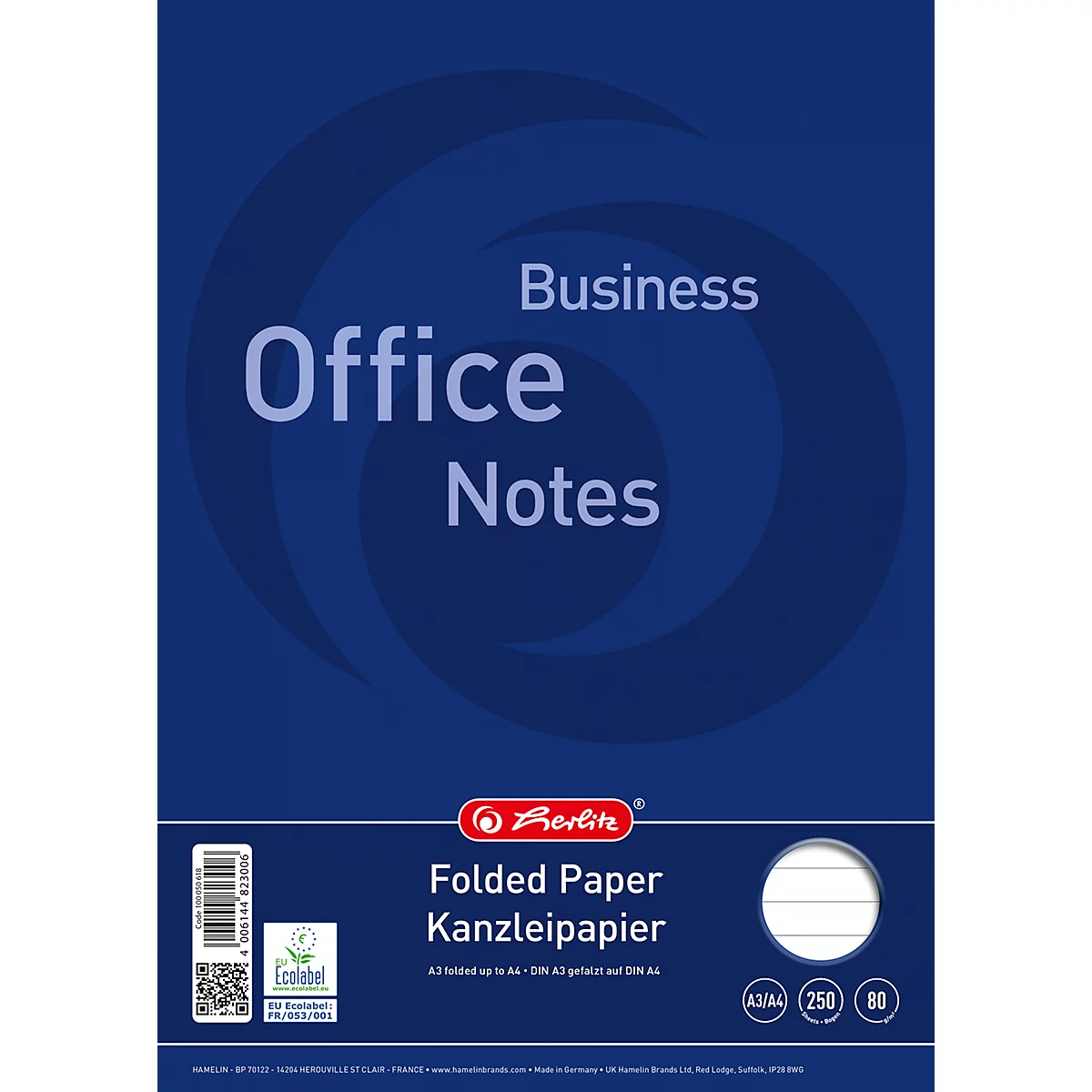 Blauwe verpakking van Herlitz Office Notes kantoorpapier met witte tekst en Ecolabel.