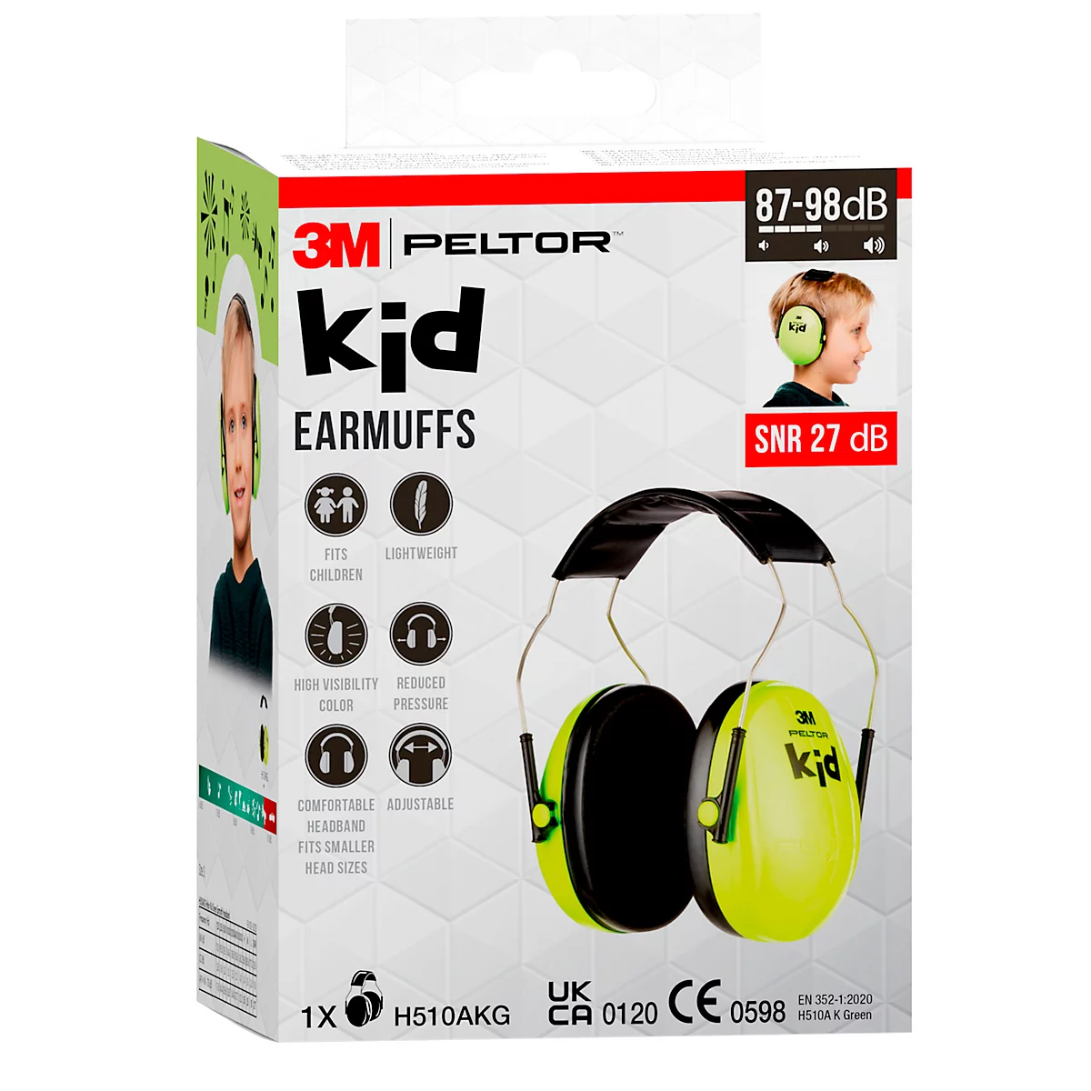 Hellgrüner Gehörschutz mit schwarzem Bügel. Auf den Ohrmuscheln steht "3M Peltor kid".