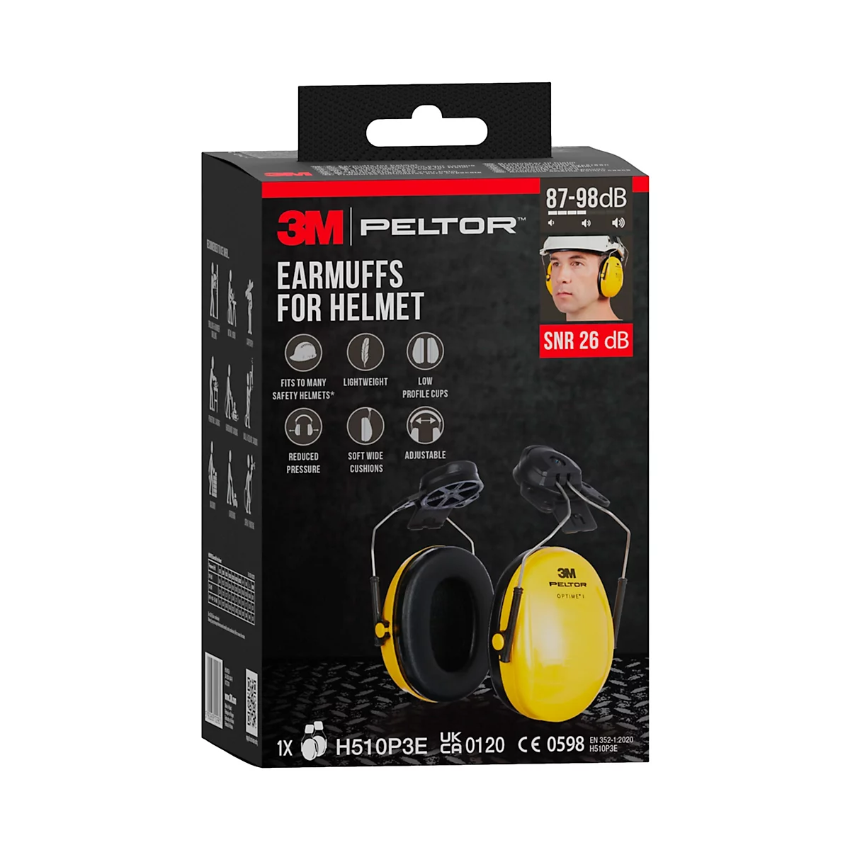 Gelbe Gehörschützer für Helme. Produktverpackung mit Produktabbildung und technischen Details.