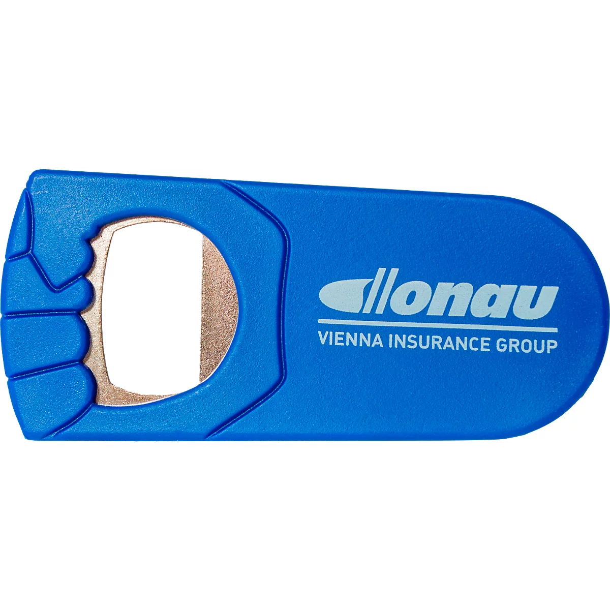 Blauer Flaschenöffner mit 'allonau' und 'VIENNA INSURANCE GROUP' Schriftzug. Metallöffnung zum Öffnen von Flaschen.