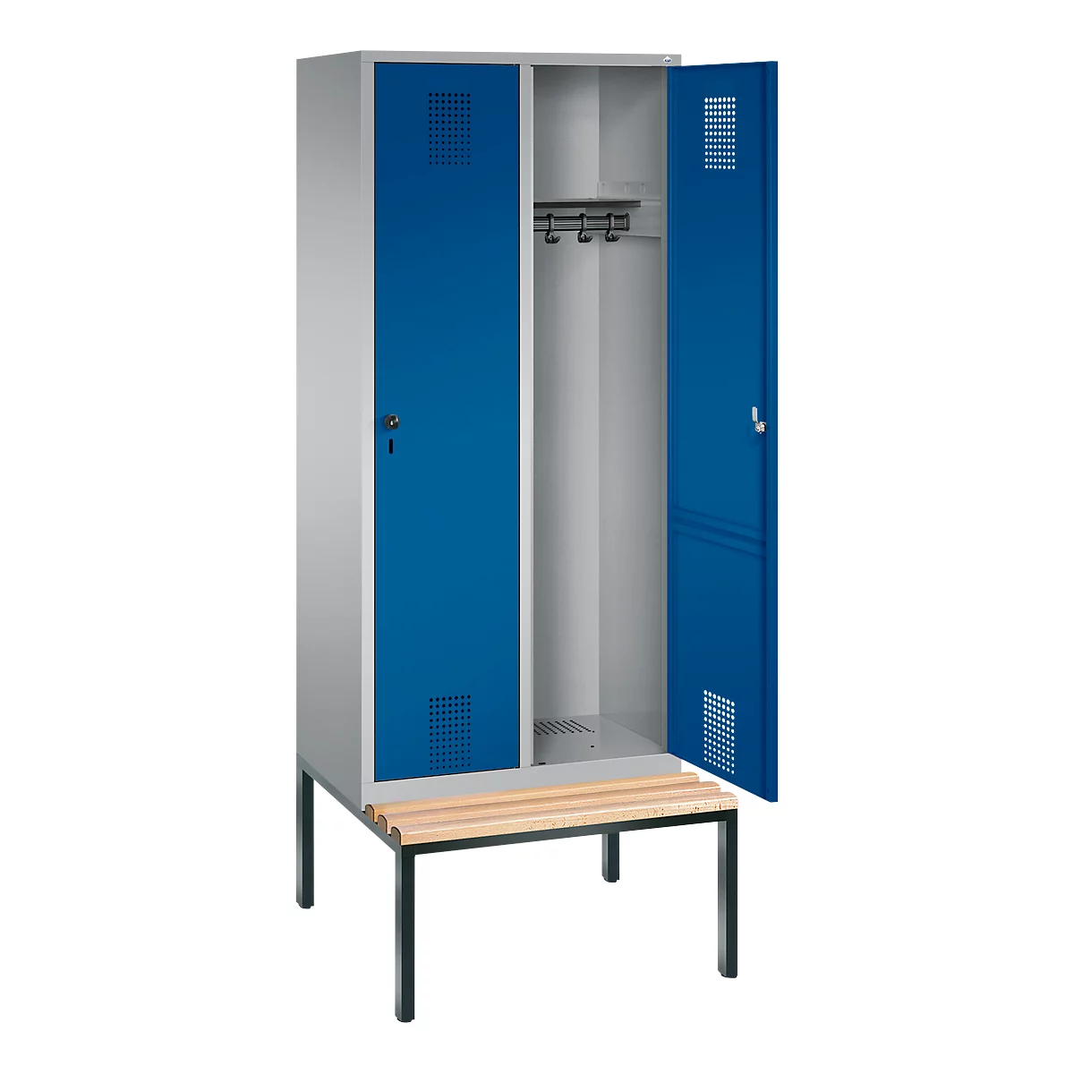 Kapstok Evolo S 3000, staal, met aangebouwde zitbank, 2 compartimenten allebei met B 400 mm, veiligheidsdraaigrendelslot, blank aluminium RAL 9006/gentiaanblauw RAL 5010