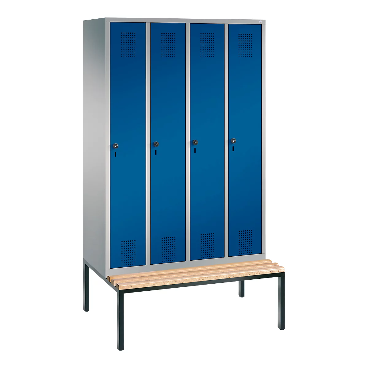 Kapstok Evolo S 3000, staal, met aangebouwde zitbank, 4 compartimenten met allebei B 300 mm, veiligheidsdraaigrendelslot, blank aluminium RAL 9006/gentiaanblauw RAL 5010