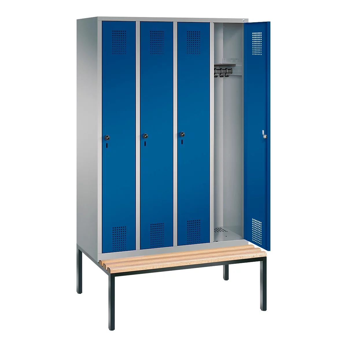 Kapstok Evolo S 3000, staal, met aangebouwde zitbank, 4 compartimenten met allebei B 300 mm, veiligheidsdraaigrendelslot, blank aluminium RAL 9006/gentiaanblauw RAL 5010