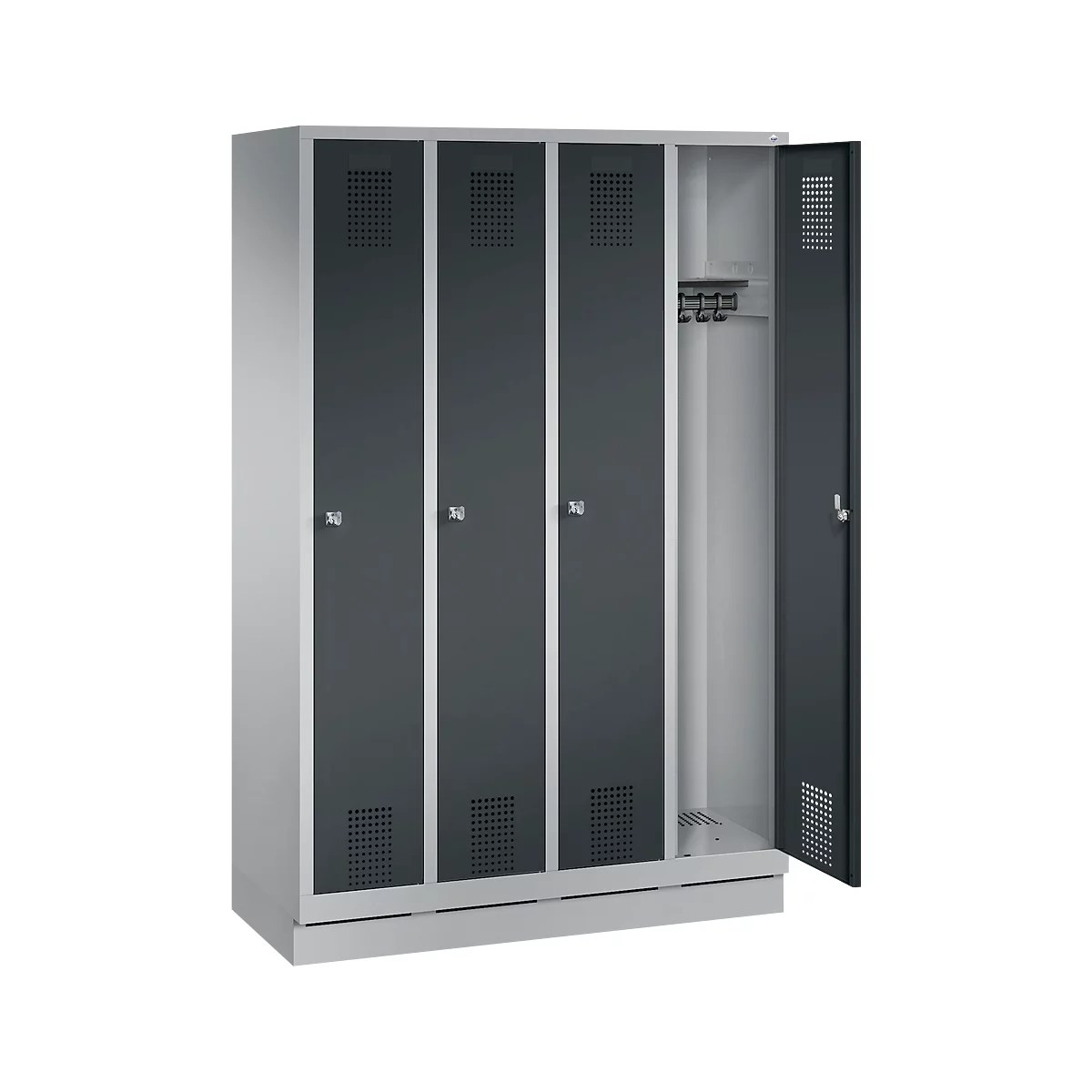 Kapstok Evolo S 3000, staal, met fitting, 4 compartimenten met allebei B 300 mm, cilinderslot, blank aluminium RAL 9006/antraciet RAL 7016