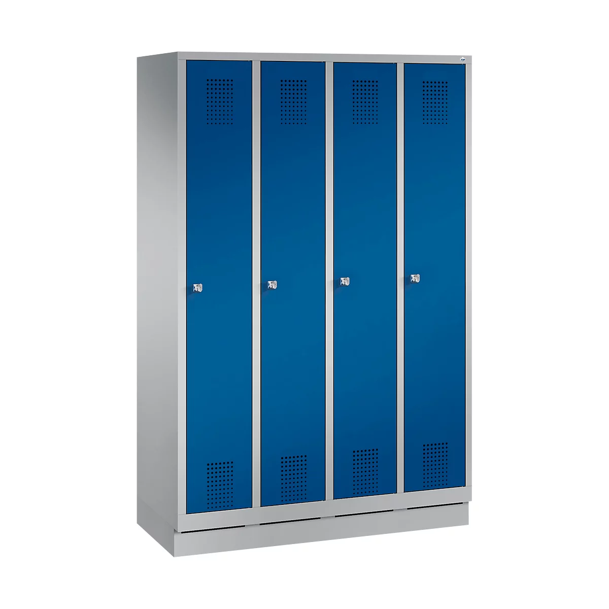 Kapstok Evolo S 3000, staal, met fitting, 4 compartimenten met allebei B 300 mm, cilinderslot, blank aluminium RAL 9006/gentiaanblauw RAL 5010