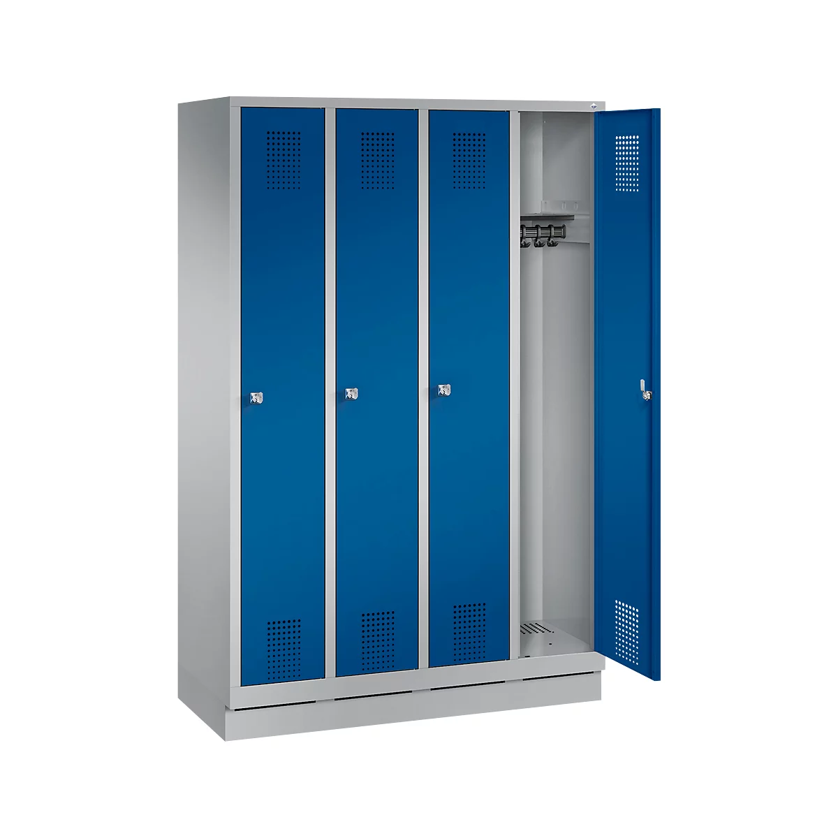 Kapstok Evolo S 3000, staal, met fitting, 4 compartimenten met allebei B 300 mm, cilinderslot, blank aluminium RAL 9006/gentiaanblauw RAL 5010