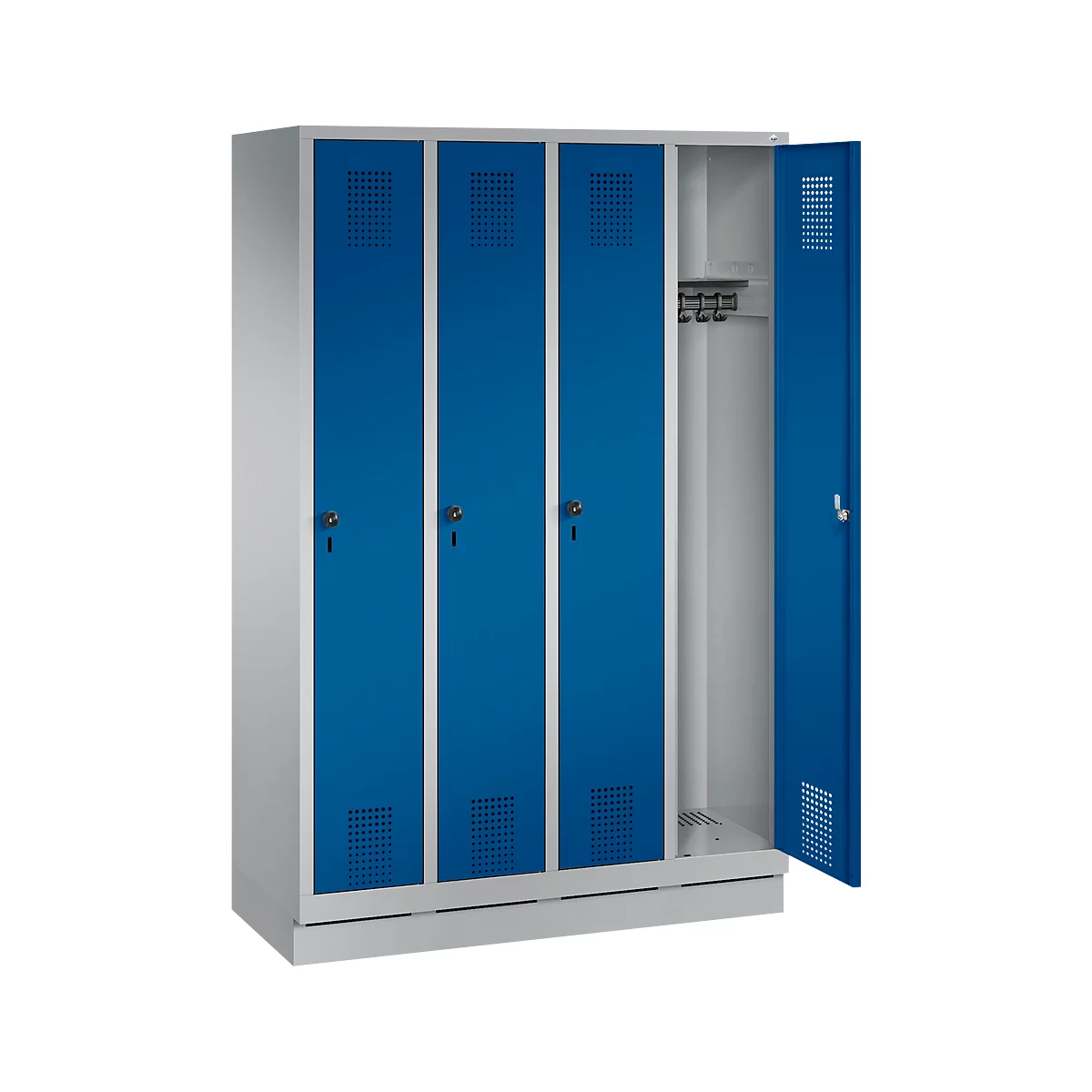 Kapstok Evolo S 3000, staal, met fitting, 4 compartimenten met allebei B 300 mm, veiligheidsdraaigrendelslot, blank aluminium RAL 9006/gentiaanblauw RAL 5010