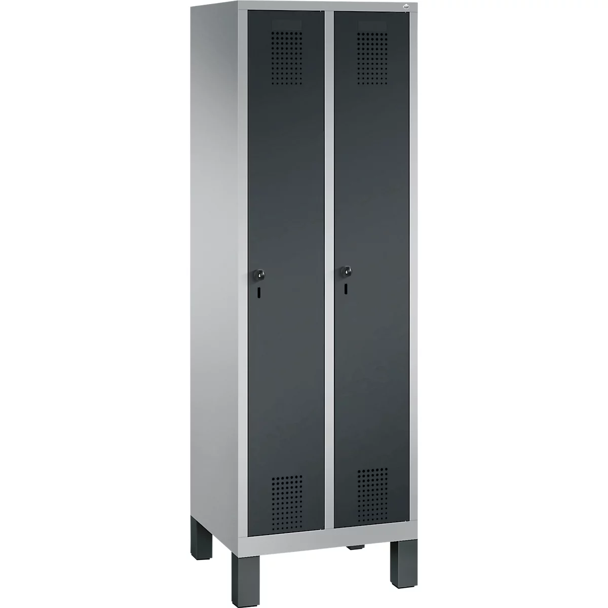 Kapstok Evolo S 3000, staal, met poten, 2 compartimenten allebei met B 300 mm, veiligheidsdraaigrendelslot, blank aluminium RAL 9006/antraciet RAL 7016