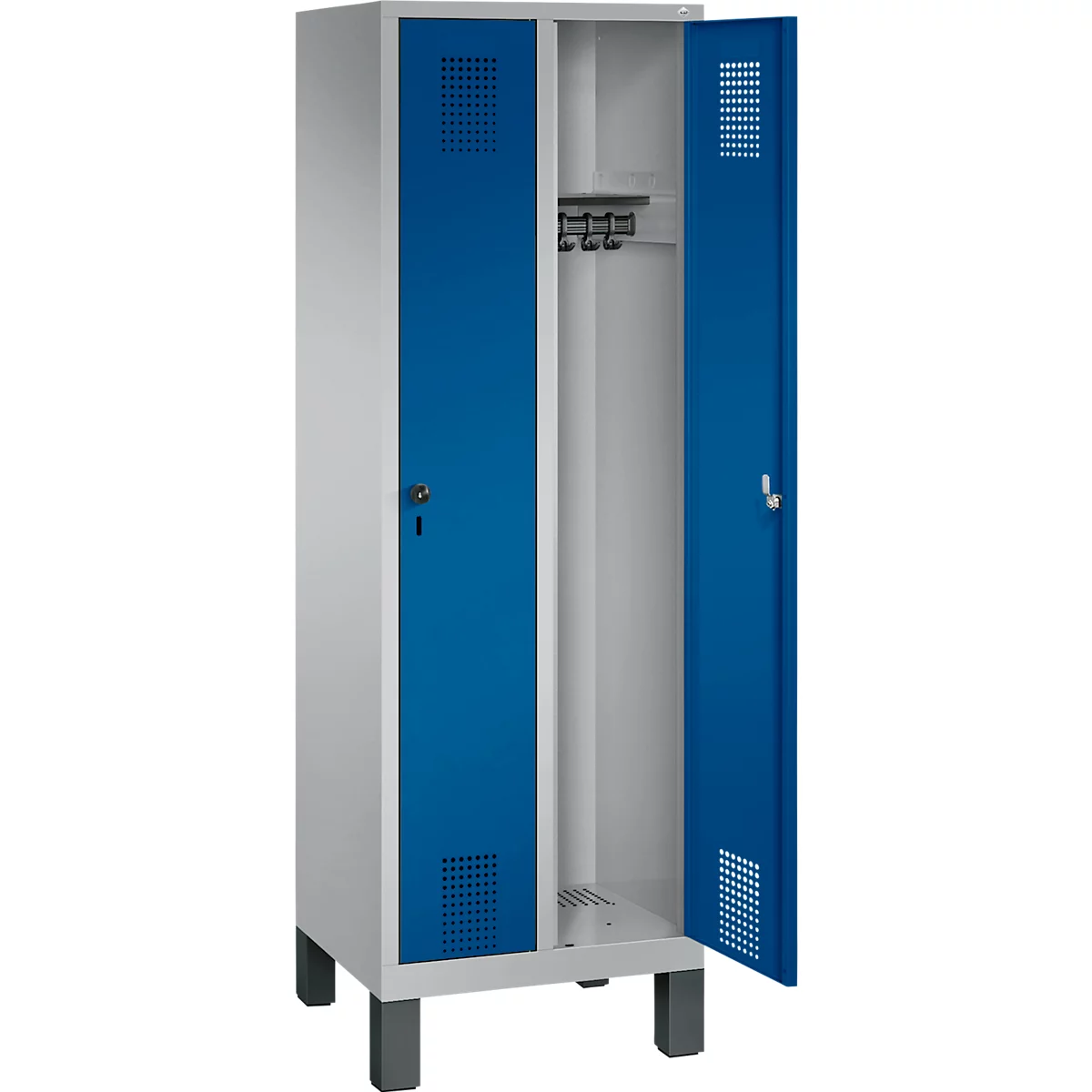 Kapstok Evolo S 3000, staal, met poten, 2 compartimenten allebei met B 300 mm, veiligheidsdraaigrendelslot, blank aluminium RAL 9006/gentiaanblauw RAL 5010