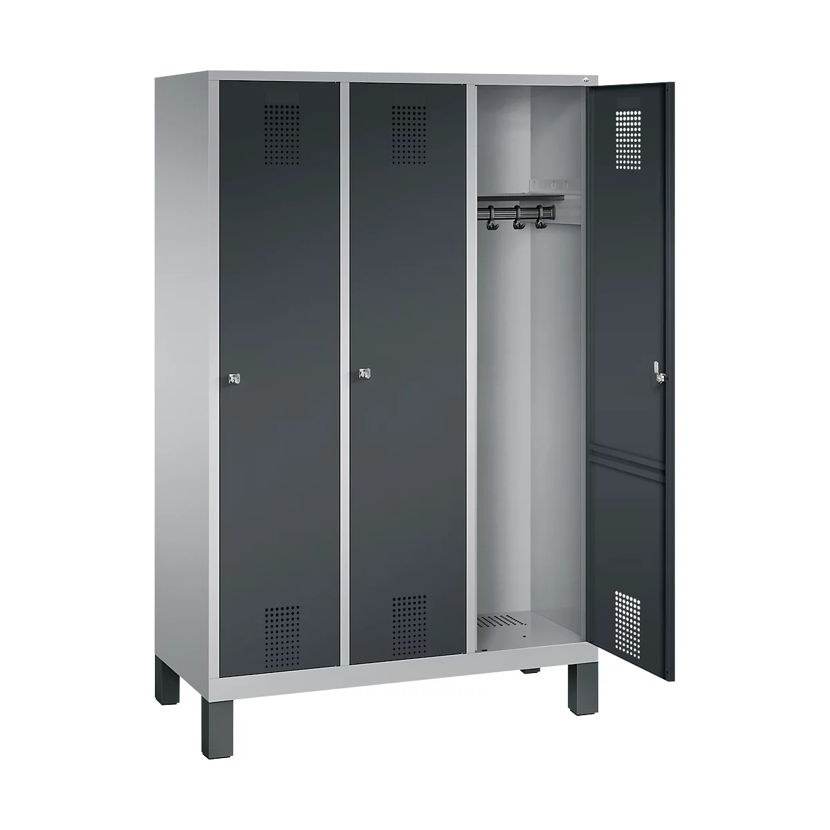 Kapstok Evolo S 3000, staal, met poten, 3 compartimenten, cilinderslot, blank aluminium RAL 9006/antraciet RAL 7016
