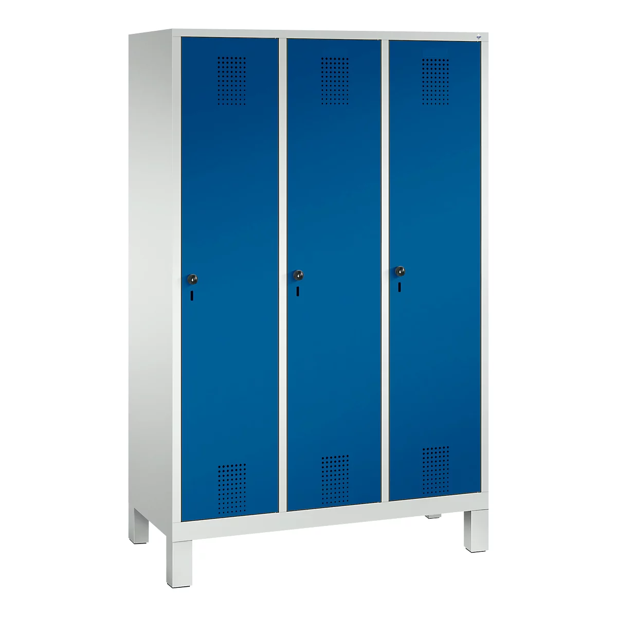 Kapstok Evolo S 3000, staal, met poten, 3 compartimenten, veiligheidsdraaigrendelslot, lichtgrijs RAL 7035/gentiaanblauw RAL 5010