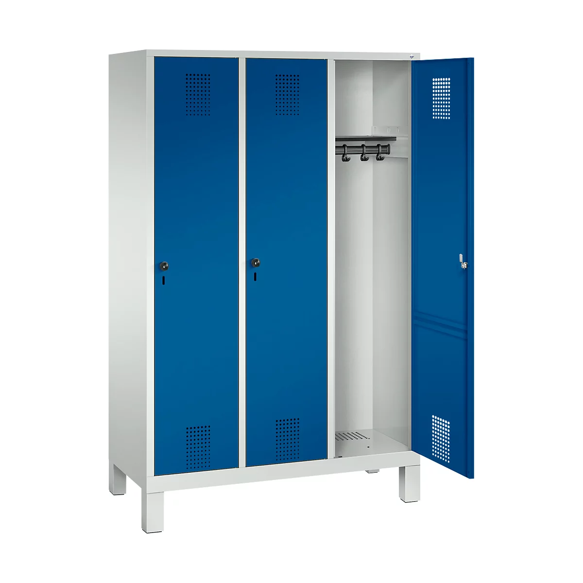 Kapstok Evolo S 3000, staal, met poten, 3 compartimenten, veiligheidsdraaigrendelslot, lichtgrijs RAL 7035/gentiaanblauw RAL 5010