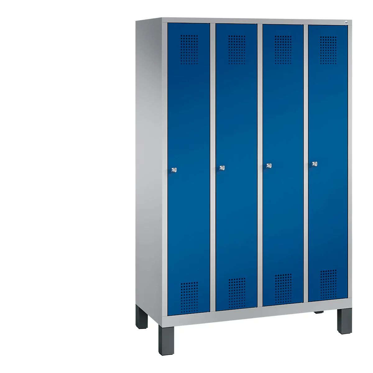Kapstok Evolo S 3000, staal, met poten, 4 compartimenten met allebei B 300 mm, cilinderslot, blank aluminium RAL 9006/gentiaanblauw RAL 5010