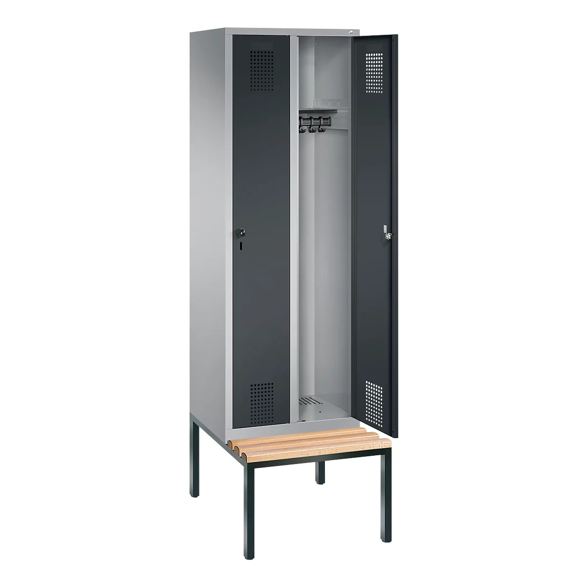 Kapstok Evolo S 3000, staal, met zitbank eronder gebouwd, 2 compartimenten allebei met B 300 mm, veiligheidsdraaigrendelslot, blank aluminium RAL 9006/antraciet RAL 7016