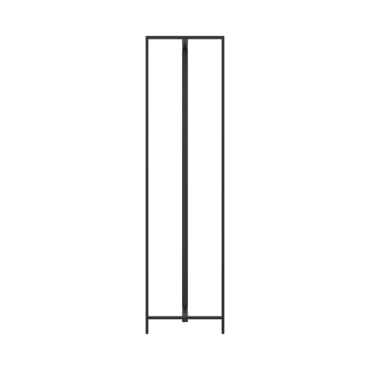 Zwart, hoog metalen frame, minimalistisch. Op een witte achtergrond.