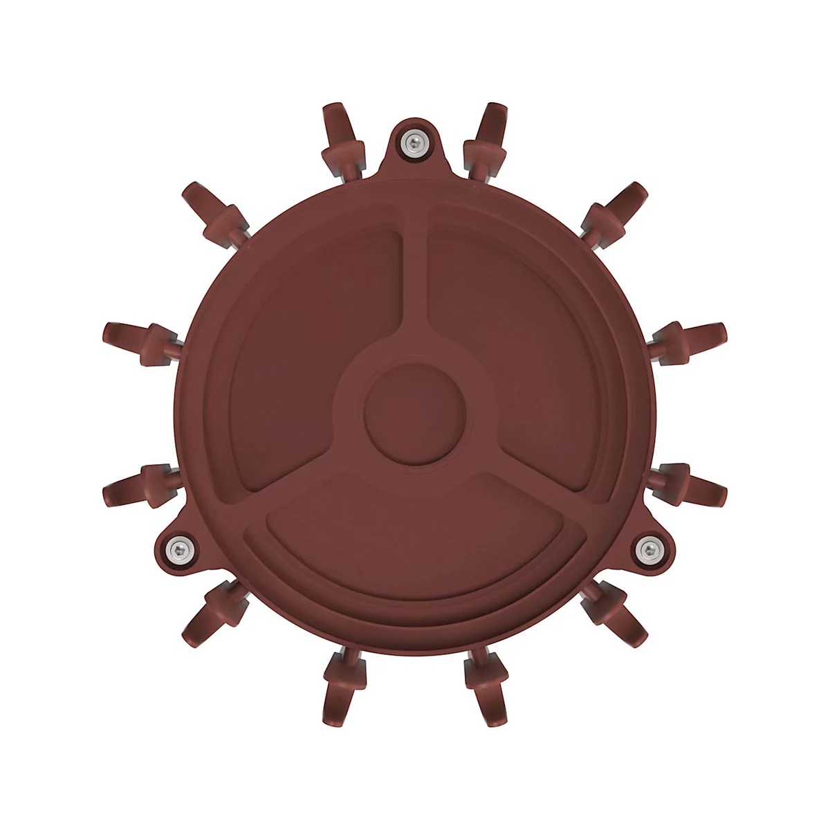 Bruin ronde afdekking met meerdere kleine cilindrische uitlaten. Centrale cirkelvormige uitsparing met radiale verstevigingen.