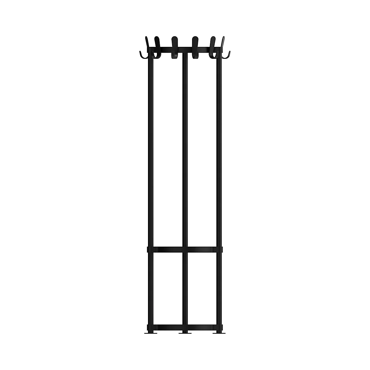 Zwarte, vrijstaande kapstok met haken. Het bestaat uit drie verticale staven met een horizontale staaf en haken.