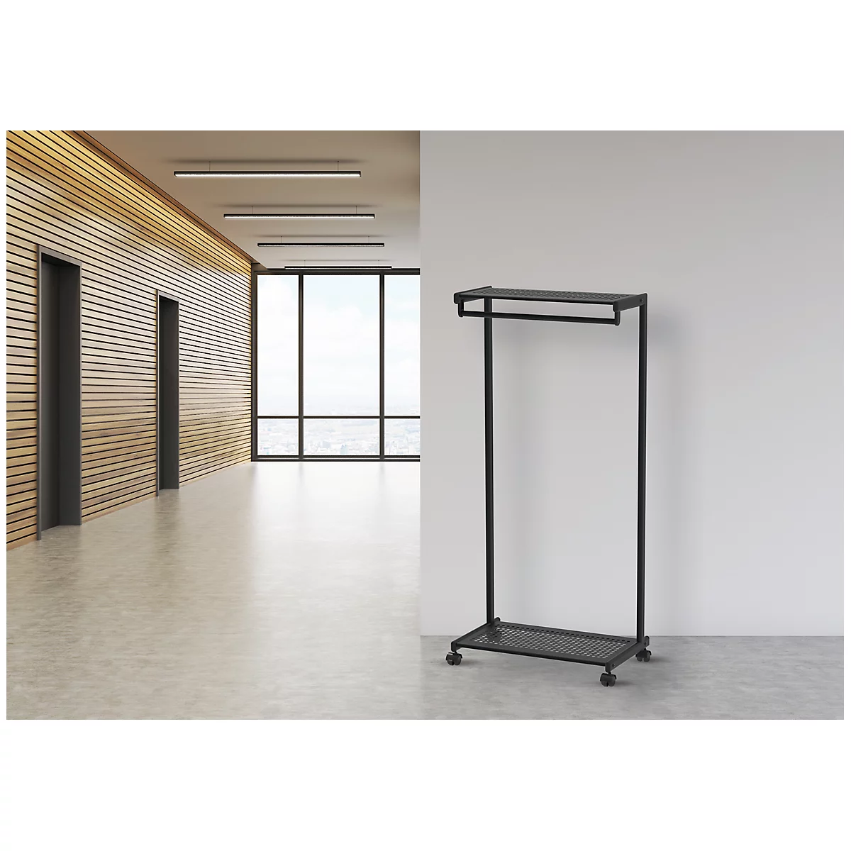 Kapstok MAULbolero, met wielen, hoeden- en schoenenrek, B 780 x D 460 x H 1660 mm, metaal, zwart