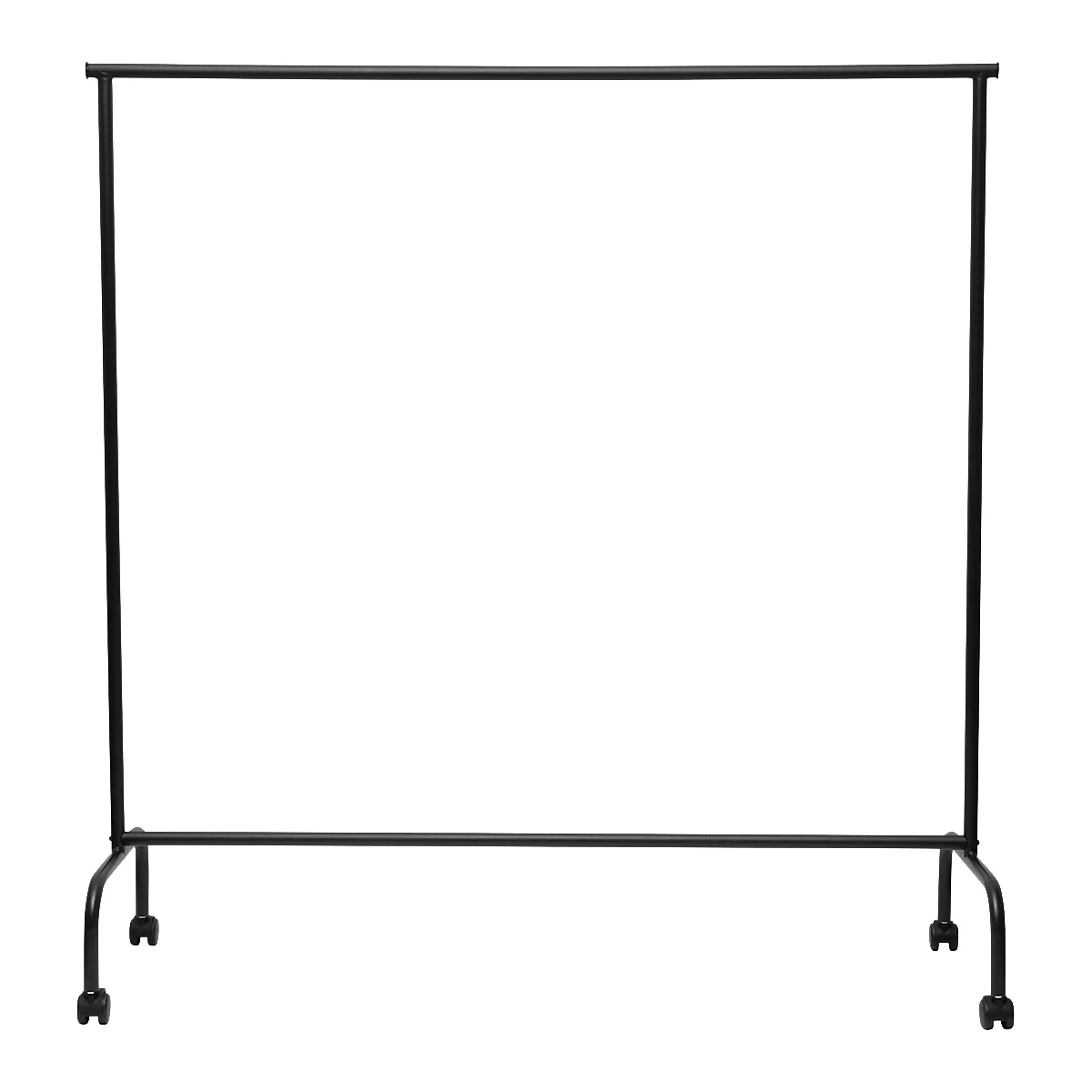 Zwarte kledingstang met wielen. Een horizontale stang wordt ondersteund door twee verticale stangen die op een lagere horizontale stang rusten.