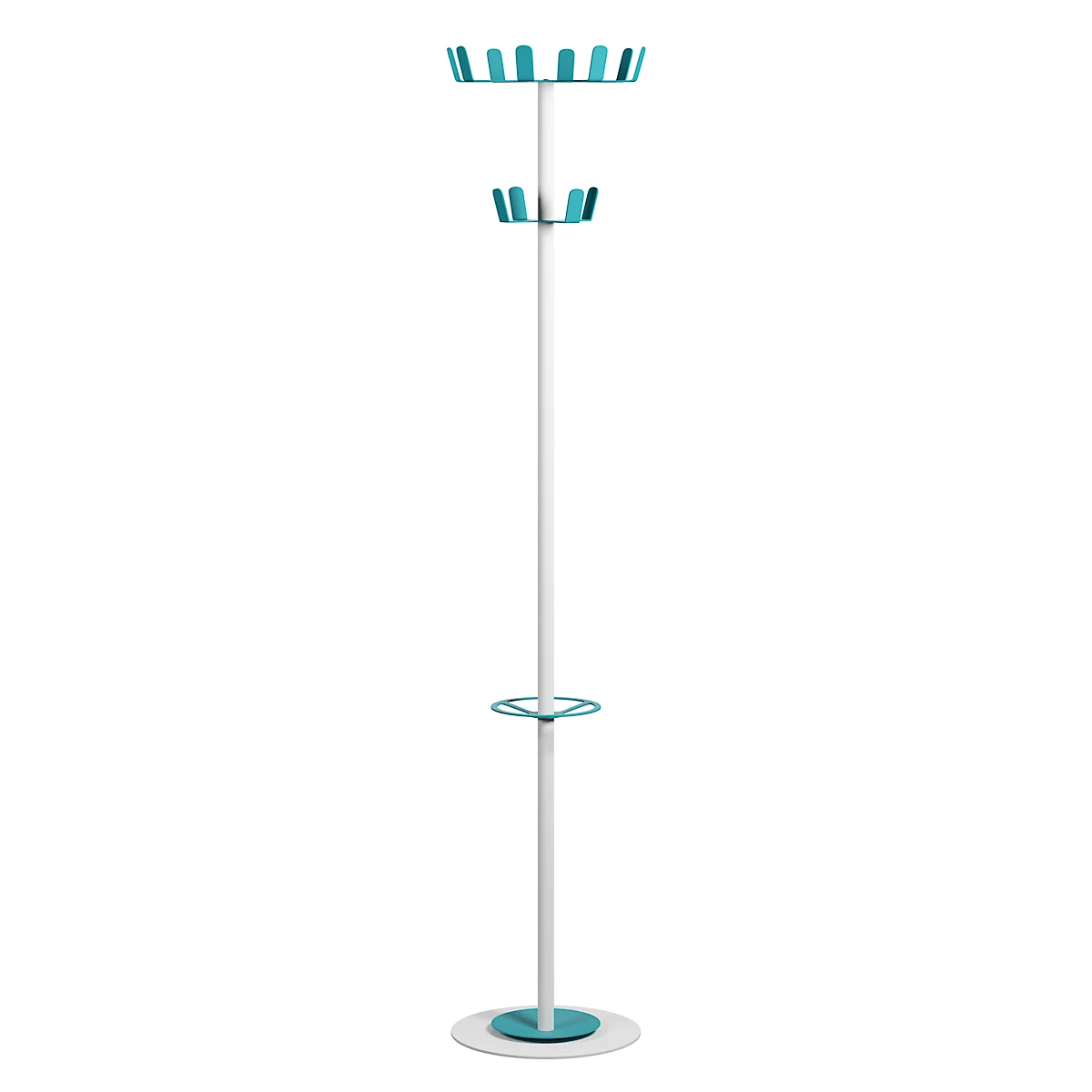 Kapstok Paperflow®, 12 haken, met parapluhouder &amp; lekbak, B 350 x D 350 x H 1750 mm, staal, wit-blauw