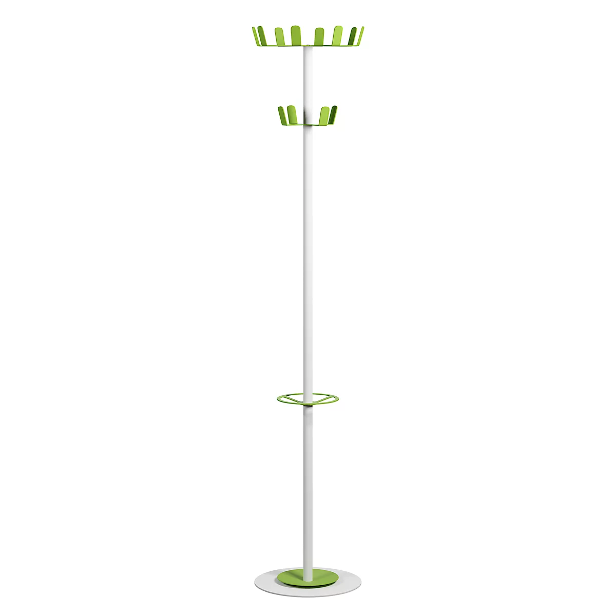 Kapstok Paperflow®, 12 haken, met parapluhouder &amp; lekbak, B 350 x D 350 x H 1750 mm, staal, wit-groen
