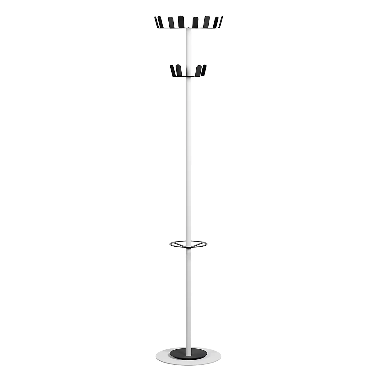 Kapstok Paperflow®, 12 haken, met parapluhouder &amp; lekbak, B 350 x D 350 x H 1750 mm, staal, wit-zwart
