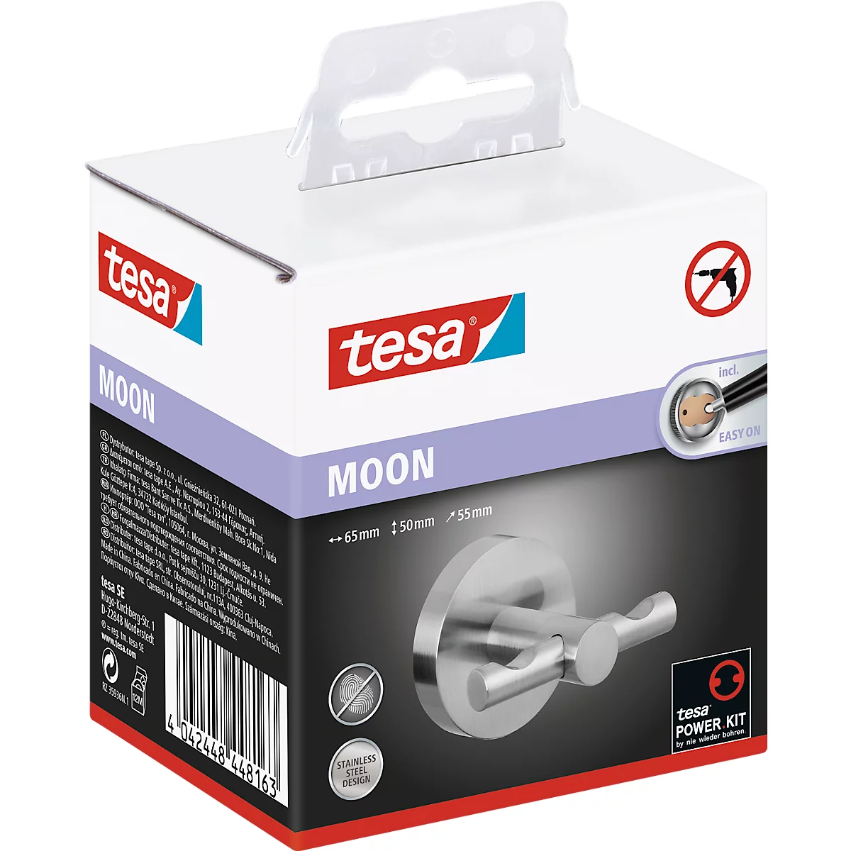 Kapstokhaak tesa Moon, bevestiging zonder boren, incl. kleefoplossing, verwijderbaar, roestvrijstalen look