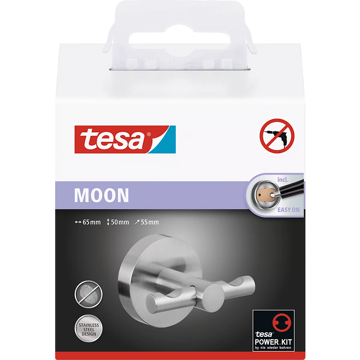 Kapstokhaak tesa Moon, bevestiging zonder boren, incl. kleefoplossing, verwijderbaar, roestvrijstalen look