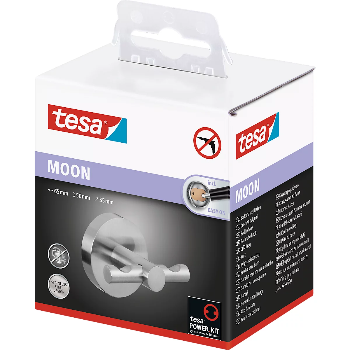 Kapstokhaak tesa Moon, bevestiging zonder boren, incl. kleefoplossing, verwijderbaar, roestvrijstalen look
