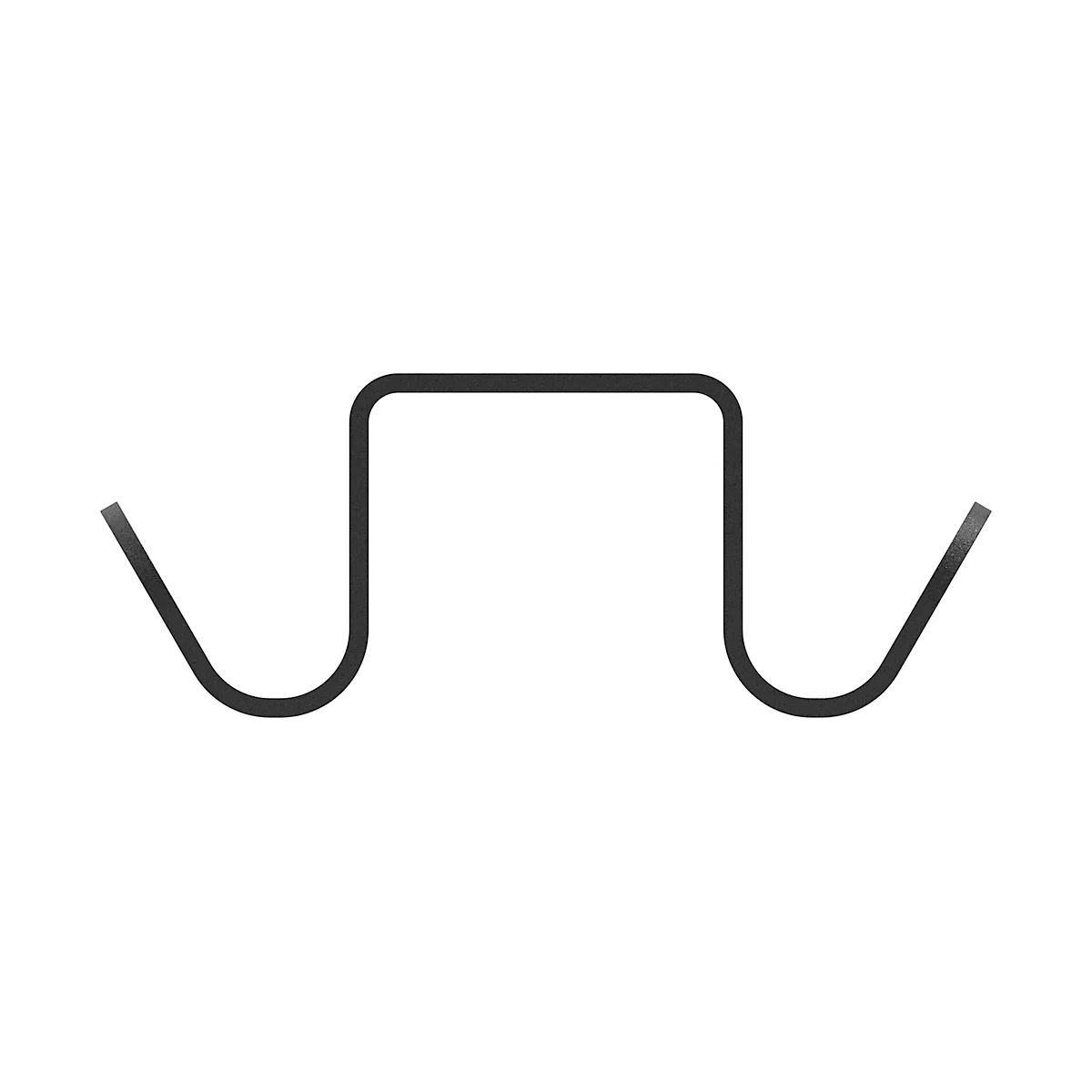 Donkergrijze metalen klem, U-vormig met schuine uiteinden.