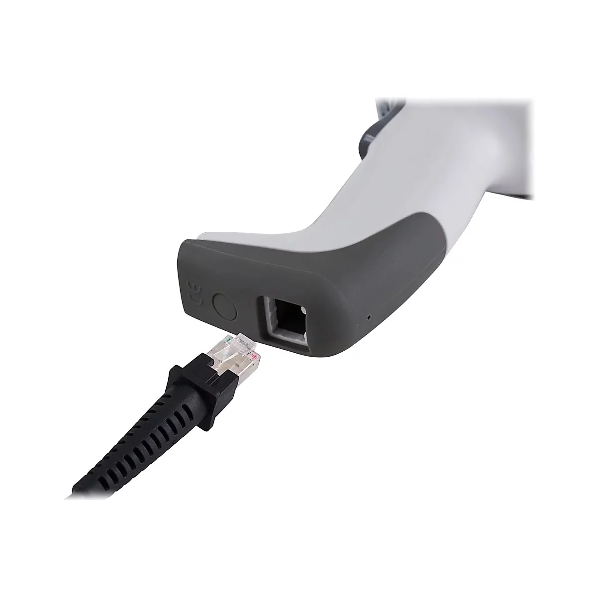 Nahaufnahme eines Barcode-Scanners, der mit einem Netzwerkkabel verbunden wird. Der Scanner ist weiß und grau. Das Kabel hat einen RJ45-Stecker.