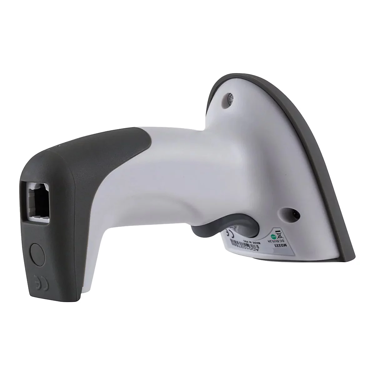 Ein grauer Barcode-Scanner vor weißem Hintergrund. Der Scanner hat eine ergonomische Form.