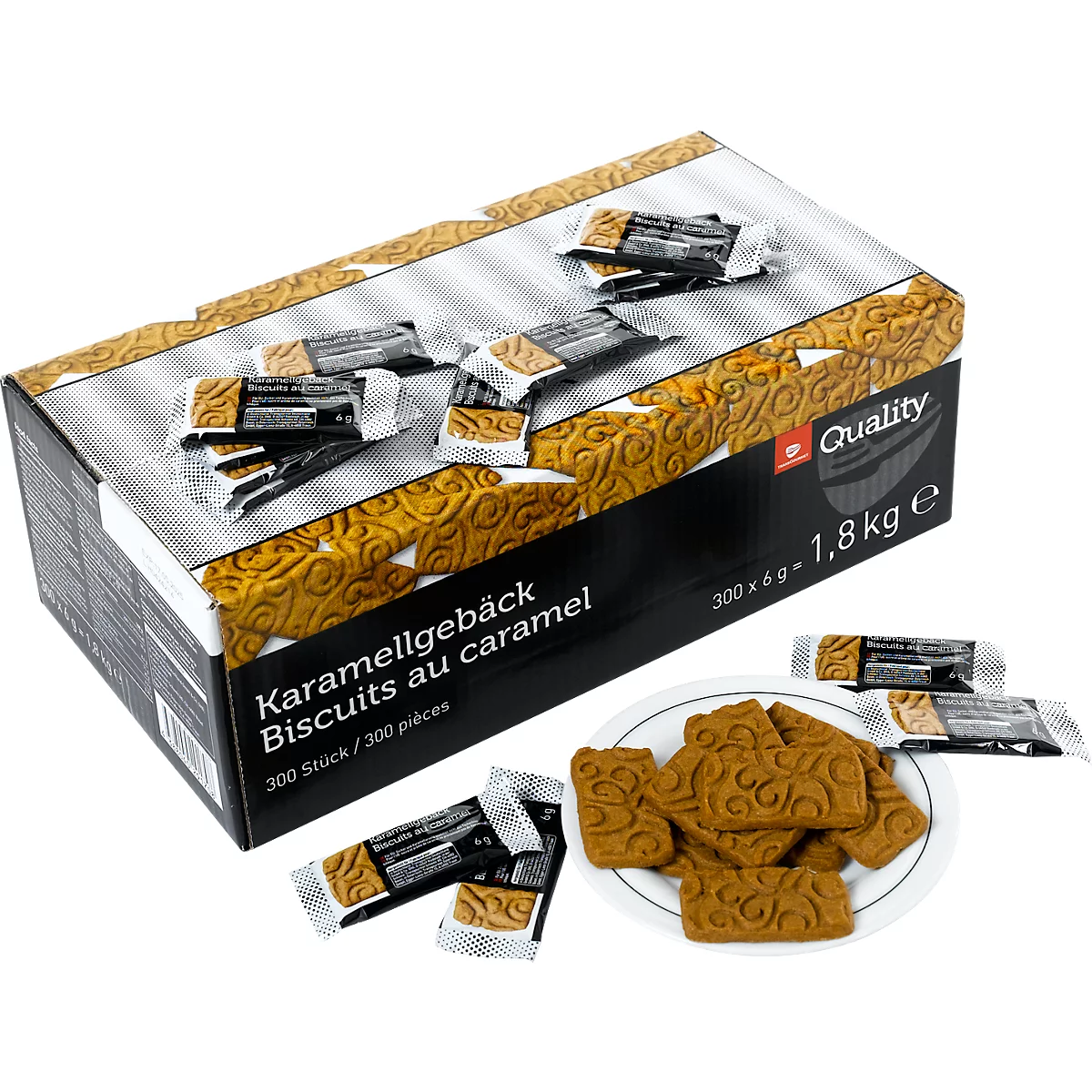 Karamelkoekjes, 300 zandkoekjes, 6 x verpakkingen van 50, 1,8 kg inhoud 