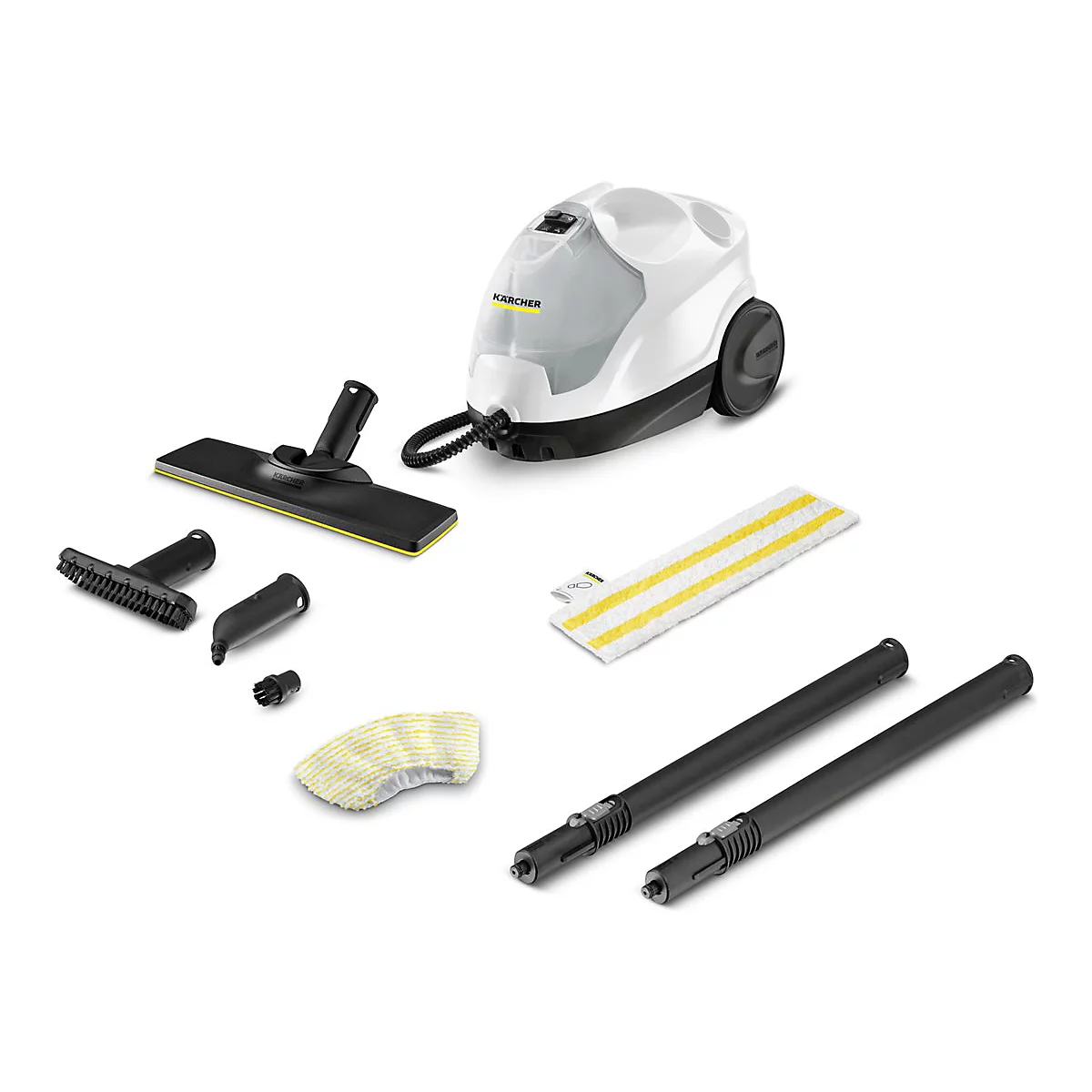 Kärcher Dampfreiniger mit weißem Gehäuse und umfangreichem Zubehör wie Bodendüse, Rohren und Tüchern.