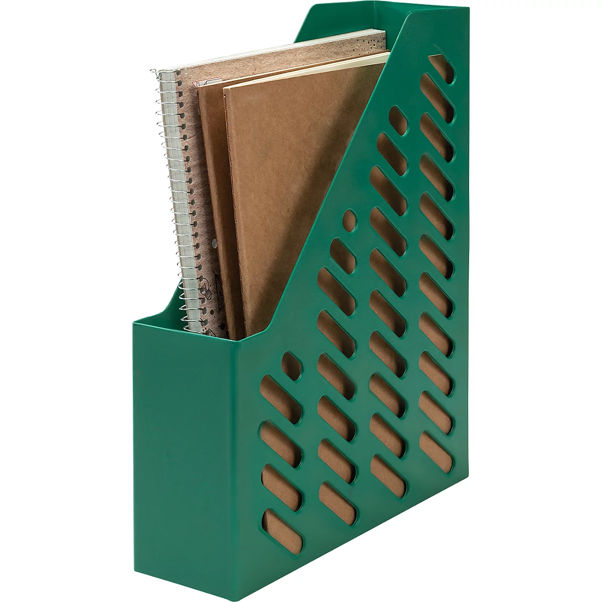 Green magazine rack with diagonal perforation, filled with notebooks and folders.