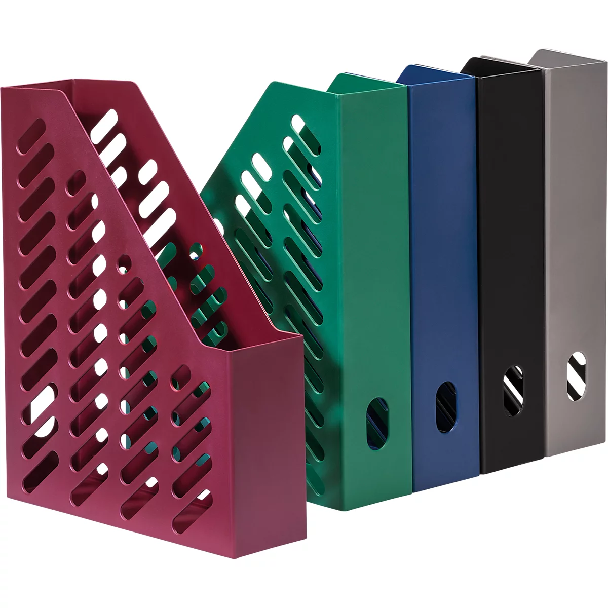 Five different colored magazine holders side by side. Each has holes and an open side.