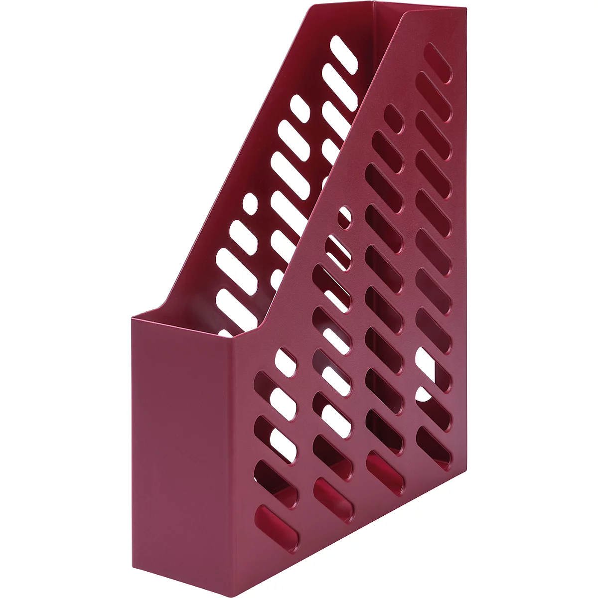 Bordeaux-colored magazine rack with diagonal slots, freestanding.