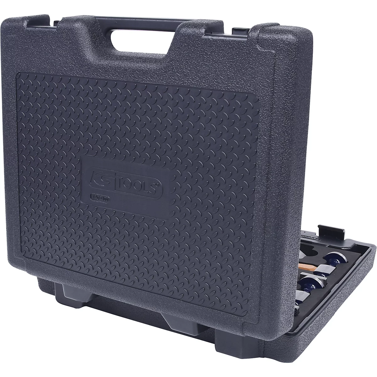 Dunkelblaue Werkzeugkiste, teilweise geöffnet, mit geprägtem Muster, Werkzeuge im Inneren.