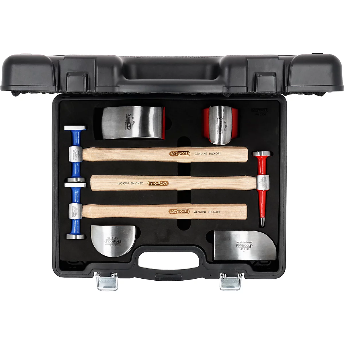 Werkzeugkoffer mit verschiedenen Werkzeugen, darunter Hämmer und Metallwerkzeuge.