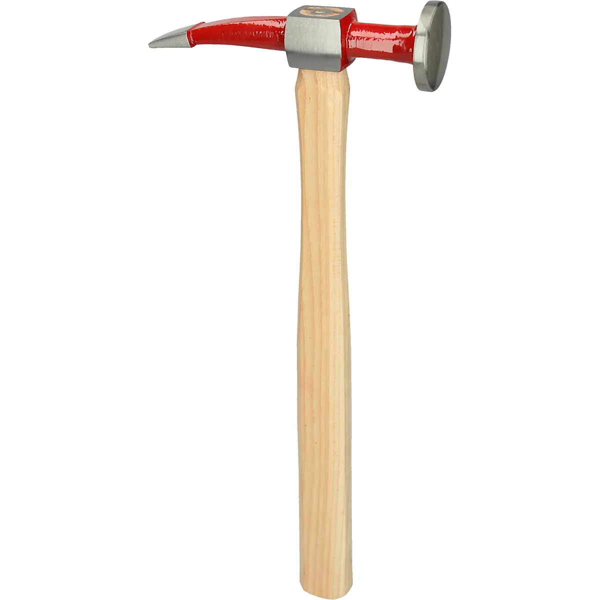 Ein Metallhammer mit rotem Kopf und Holzgriff. Der Hammer hat eine spitze und eine runde Seite.