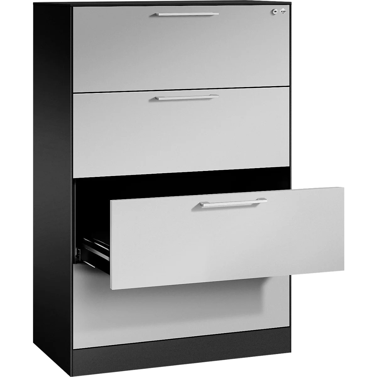 Grauer Aktenschrank mit vier Schubladen, eine ist geöffnet. Dunkle Seiten und ein Schloss oben rechts.