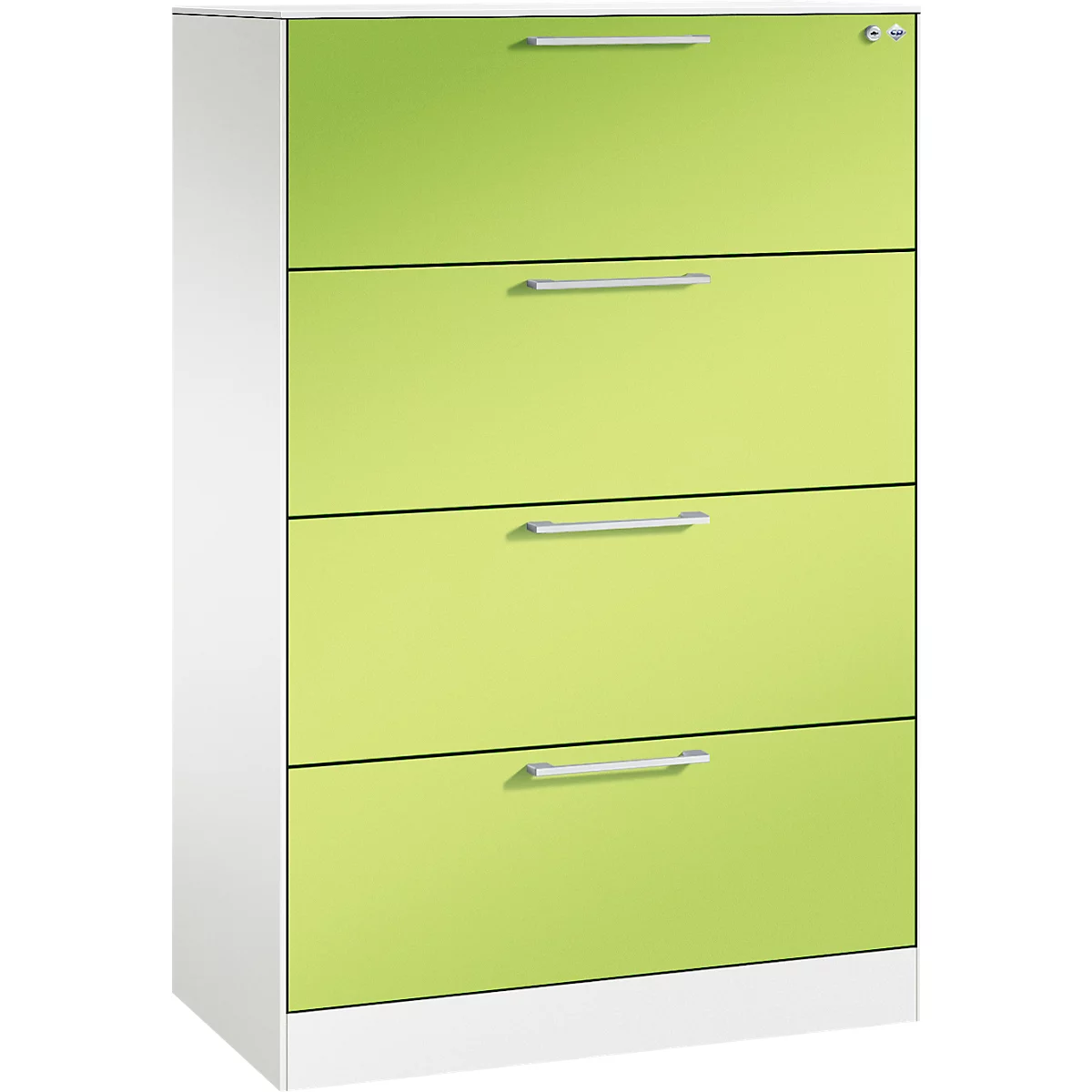 Ein Aktenschrank mit vier Schubladen in hellem Grün und weißen Seiten. Jede Schublade hat einen silberfarbenen Griff.