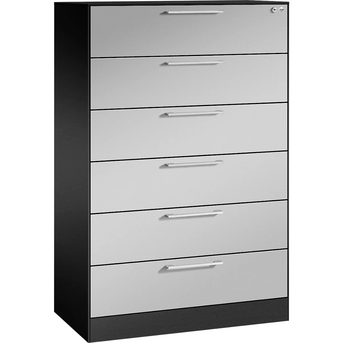 Grau-schwarzer Aktenschrank mit sechs Schubladen und silberfarbenen Griffen.