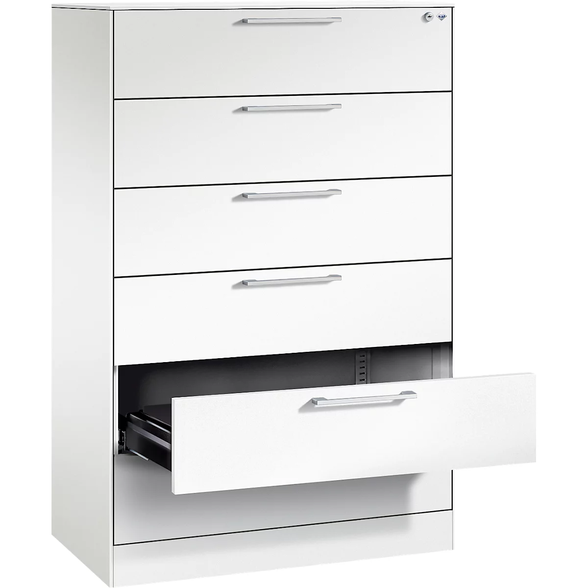 Weißer Aktenschrank mit 5 Schubladen, eine davon geöffnet.
