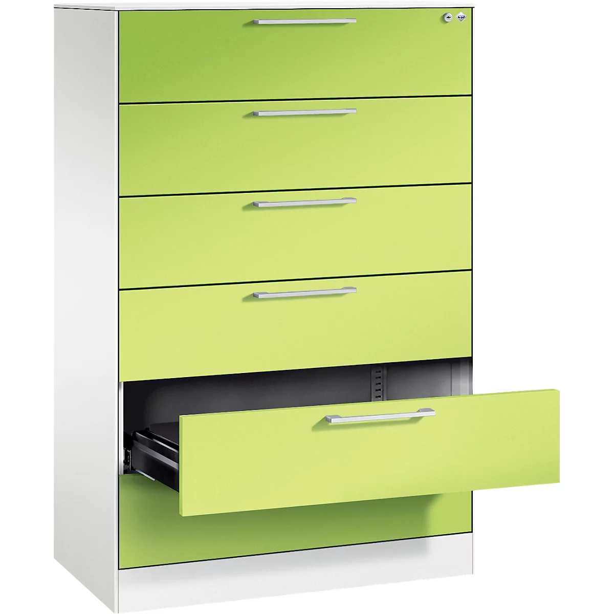 Karteikartenschrank, 3-bahnig für A5 quer, 6 Schübe mit Vollauszug & Bügelgriffen, Zentralverschluss, B 800 x T 435 x H 1298 mm, weiß/viridingrün
