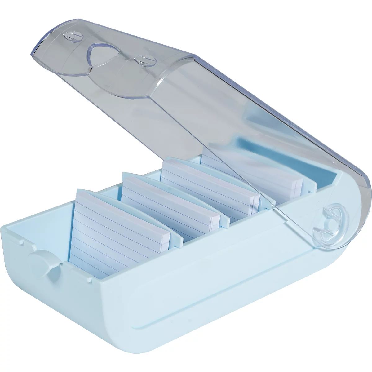 Étui à cartes bleu clair avec couvercle transparent, rempli de cartes de notes lignées.